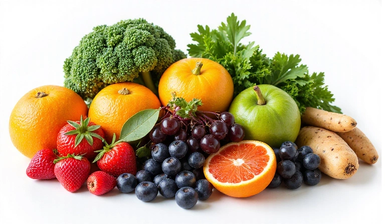 A variety of colorful fruits and vegetables arranged aesthetically, representing balanced nutrition.