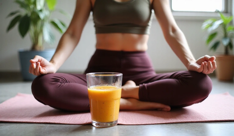 A person performing a yoga stretch on a mat with a healthy smoothie nearby, representing mindful eating and exercise.