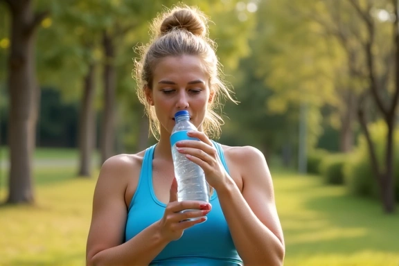 A person drinking water from a bottle during exercise, emphasizing hydration.