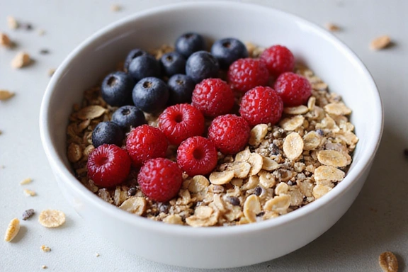 A healthy breakfast bowl with oats, berries, and nuts, symbolizing a nutritious start to the day.