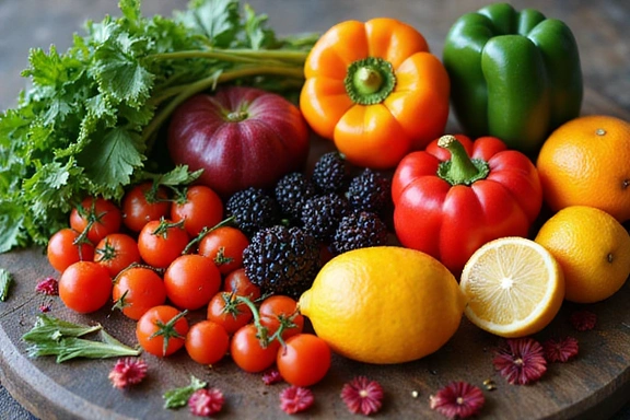 Various colorful vegetables and fruits arranged aesthetically, representing a plant-based diet.