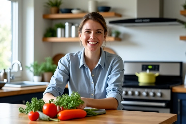 A person happily preparing a healthy meal in a clean, modern kitchen, surrounded by fresh ingredients and cooking utensils, with natural light streaming in.