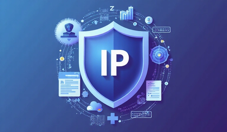 Digital illustration of a shield with a stylized 'IP' symbol, representing intellectual property protection over various digital assets like documents and code.